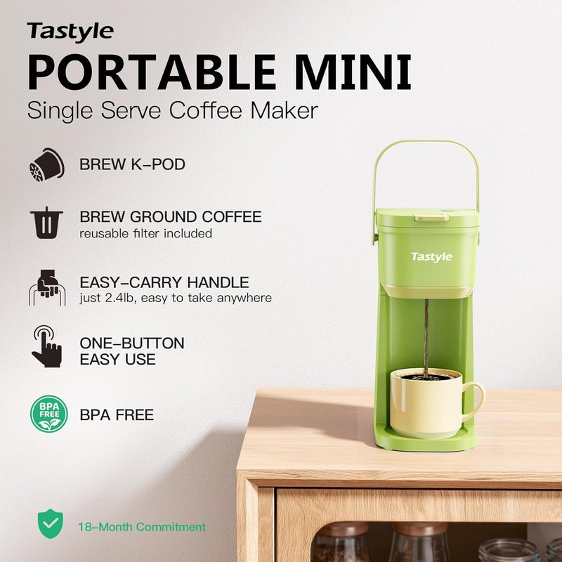 Tastyle Single Serve One Cup Coffee Maker, for K Cups and Grounds, Mini Coffee Maker with Portable Handle, 6 to 12 Oz Brew Size, for Travel, Camping, Office, RV and Dorm, 120V, Lime Green - Image 2